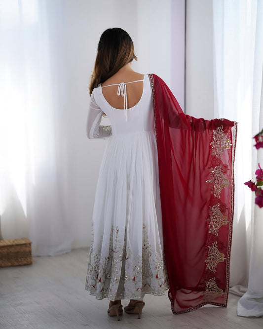 Women's Georgette Embroidery White Color Anarkali Kurta Pant With Dupatta