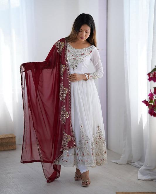 Women's Georgette Embroidery White Color Anarkali Kurta Pant With Dupatta