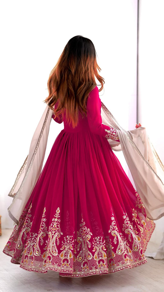 Women's Georgette Embroidery Pink Color Anarkali Kurta Pant With Dupatta