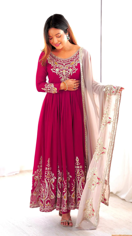 Women's Georgette Embroidery Pink Color Anarkali Kurta Pant With Dupatta