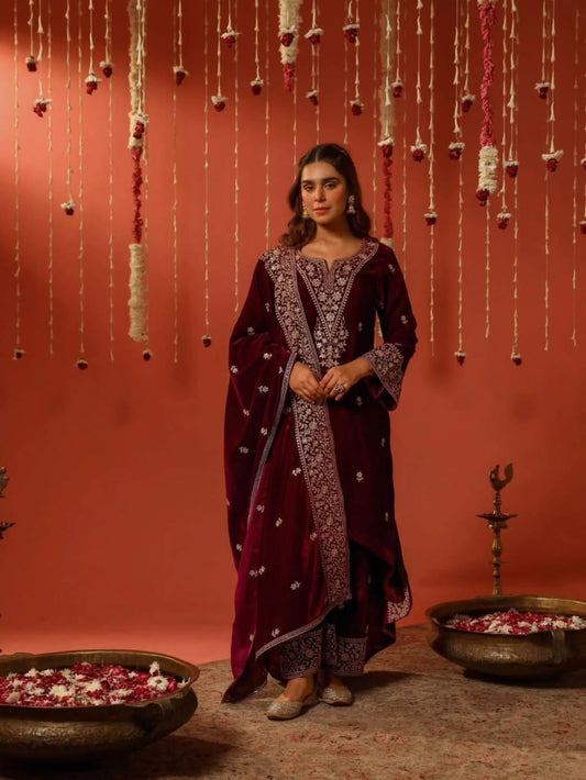 Women's Velvet Embroidery Red Color Straight Kurta Palazzo With Dupatta