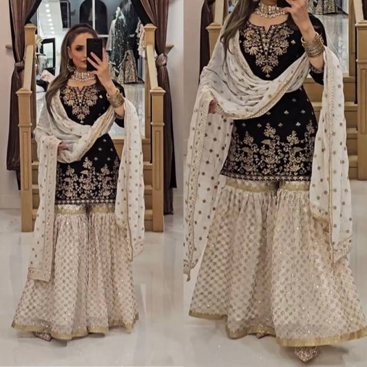 Women's Georgette Embroidery Black Color Kurta Sharara With Dupatta
