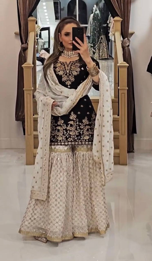Women's Georgette Embroidery Black Color Kurta Sharara With Dupatta