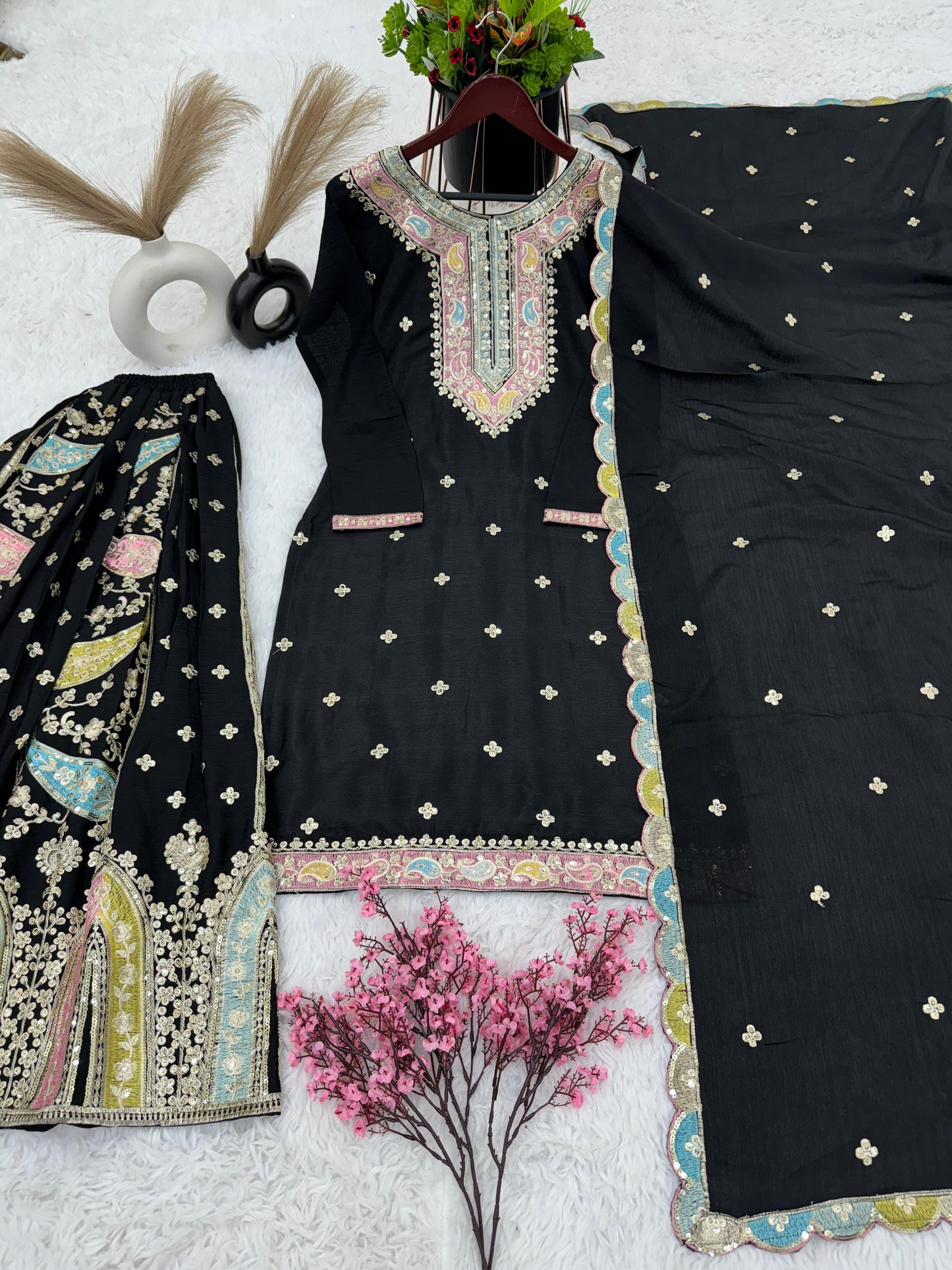 Women's Chinon Silk Embroidery Black Color Kurta Sharara With Dupatta