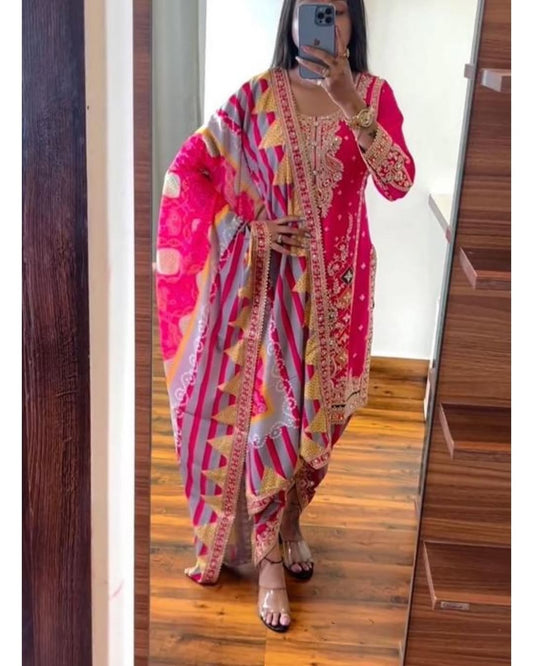 Women's Chinon Silk Embroidery Pink Color Kurta Dhoti Pant With Dupatta