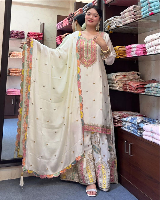 Women's Chinon Silk Embroidery White Color Kurta Sharara With Dupatta