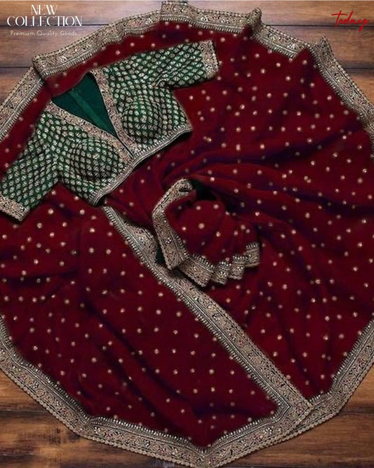 Women's Embroidery Vichitra Silk Red Color Saree With Unstitch Blouse