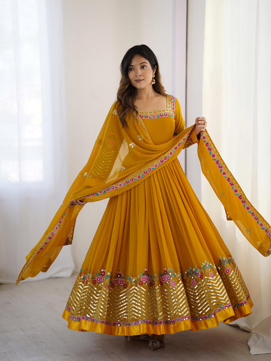 Women's Georgette Embroidery Yellow Color Anarkali Kurta Pant With Dupatta
