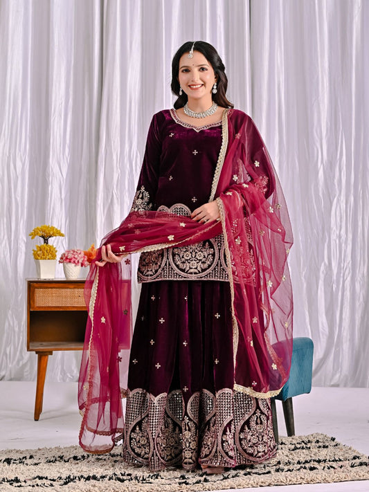 Women's Velvet Embroidery Maroon Color Kurta Sharara With Dupatta