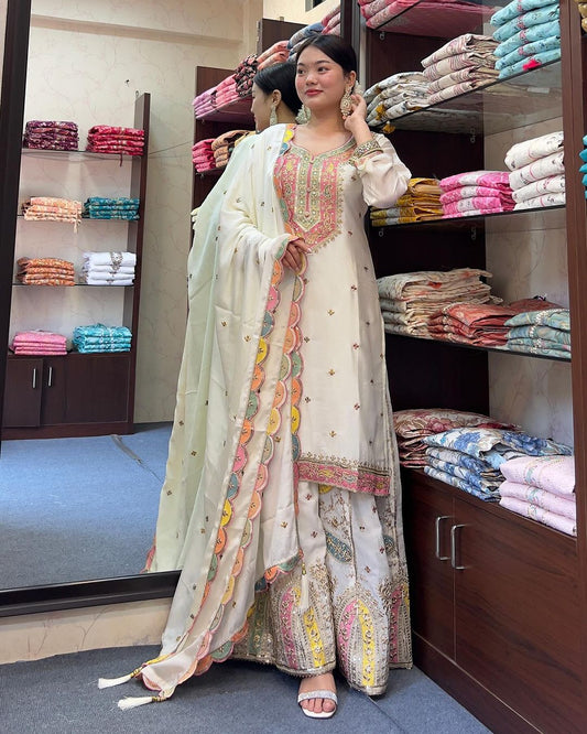 Women's Chinon Silk Embroidery White Color Kurta Sharara With Dupatta