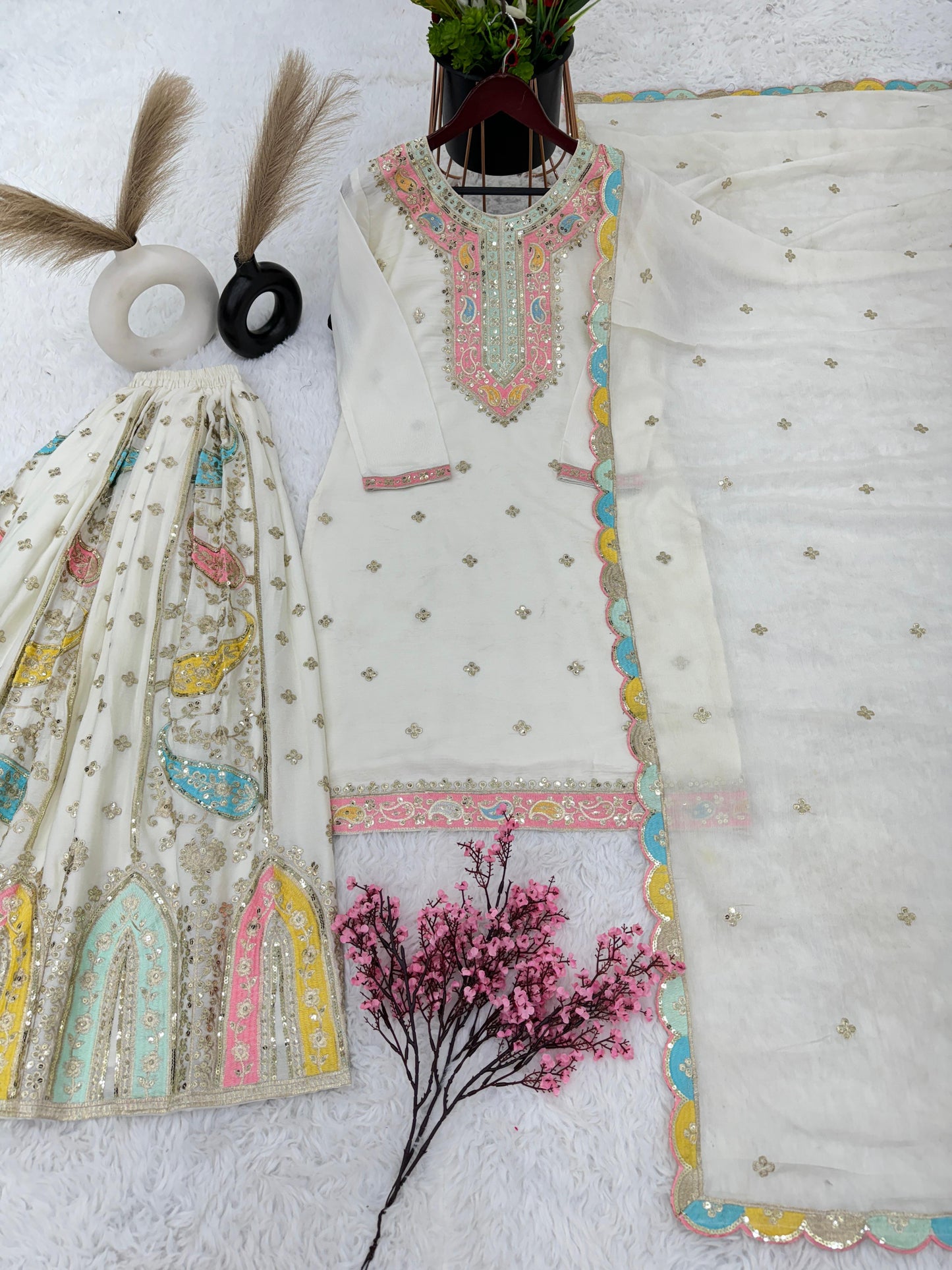 Women's Chinon Silk Embroidery White Color Kurta Sharara With Dupatta