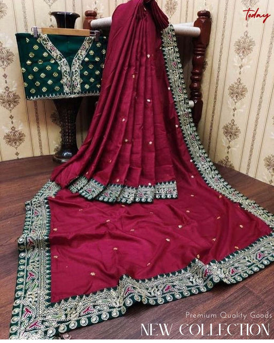 Women's Embroidery Vichitra Silk Red Color Saree With Unstitch Blouse