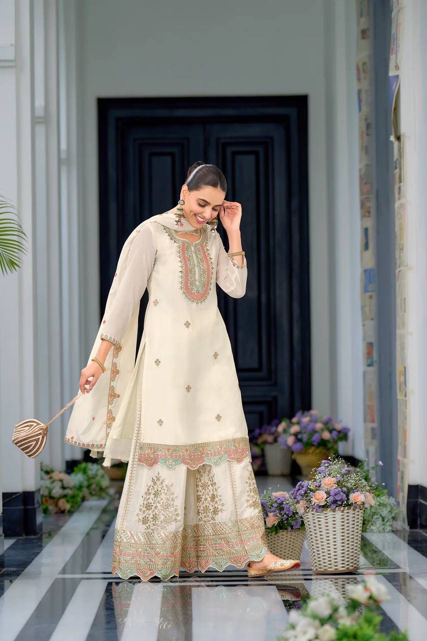 Women's Chinon Silk Embroidery White Color Kurta Sharara With Dupatta