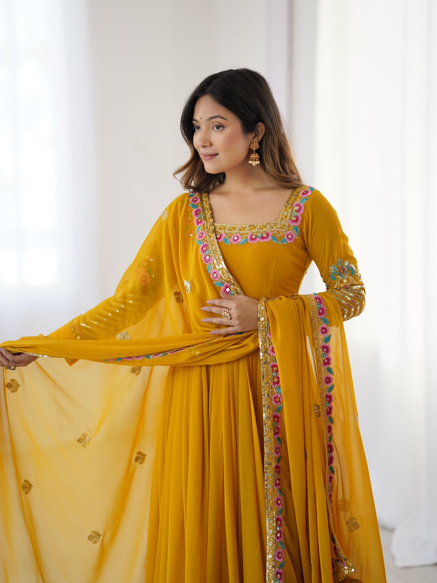 Women's Georgette Embroidery Yellow Color Anarkali Kurta Pant With Dupatta