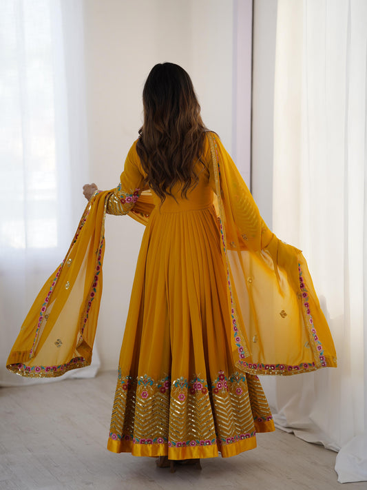 Women's Georgette Embroidery Yellow Color Anarkali Kurta Pant With Dupatta