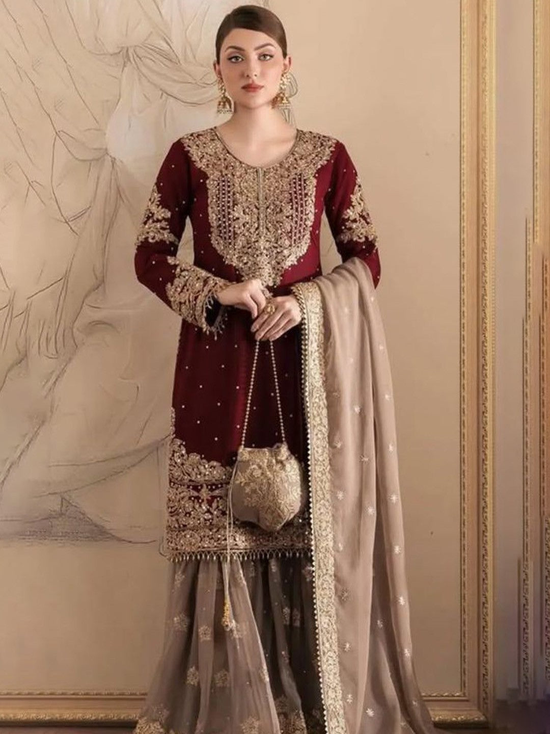 Women's Georgette Embroidery Red Color Kurta Sharara With Dupatta