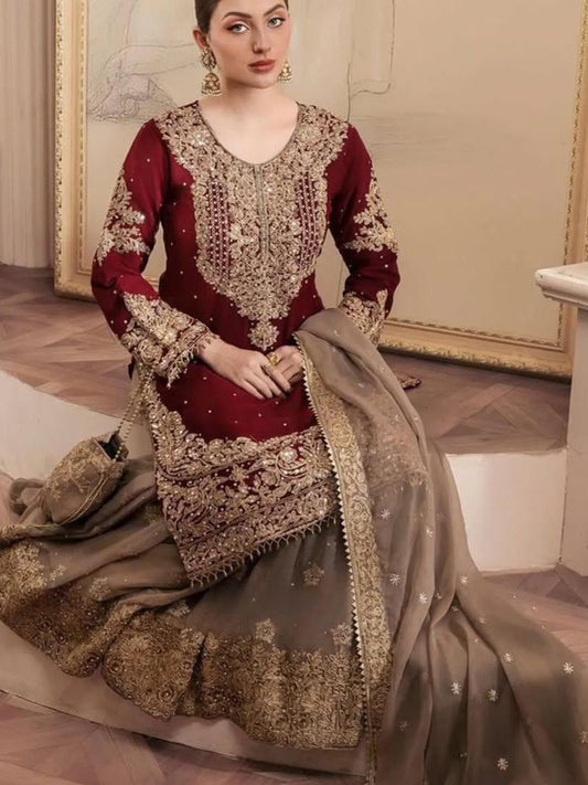 Women's Georgette Embroidery Red Color Kurta Sharara With Dupatta