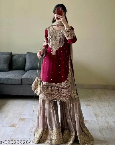 Women's Georgette Embroidery Red Color Kurta Sharara With Dupatta