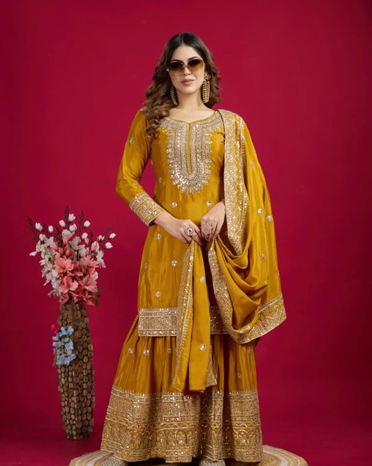 Women's Chinon Silk Embroidery Yellow Color Kurta Sharara With Dupatta