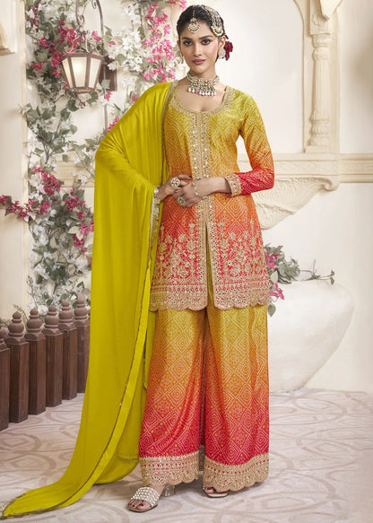 Women's Chinon Silk Embroidery Yellow -Red Color Kurta Shara With Dupatta