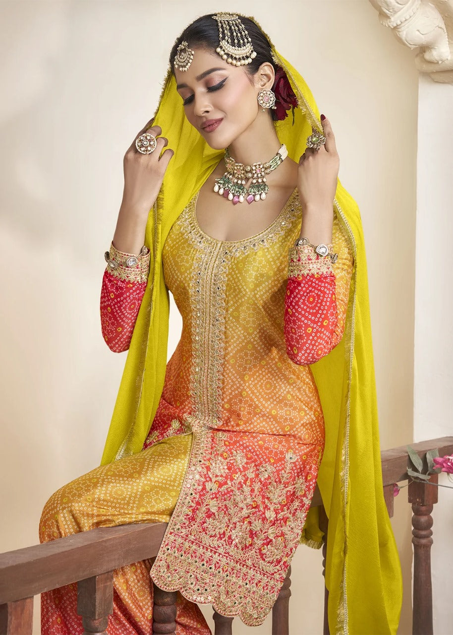 Women's Chinon Silk Embroidery Yellow -Red Color Kurta Shara With Dupatta