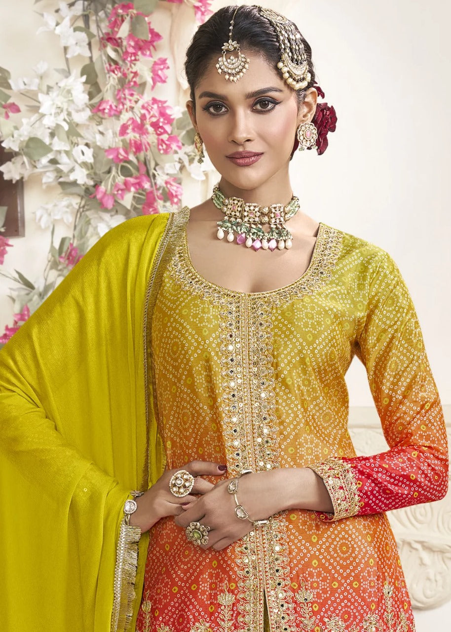 Women's Chinon Silk Embroidery Yellow -Red Color Kurta Shara With Dupatta