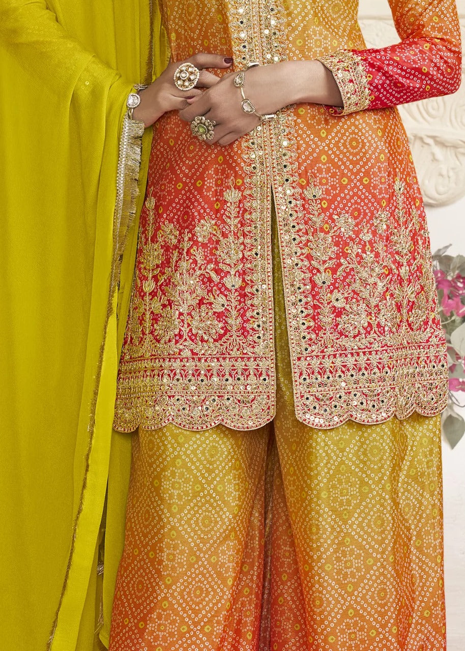 Women's Chinon Silk Embroidery Yellow -Red Color Kurta Shara With Dupatta