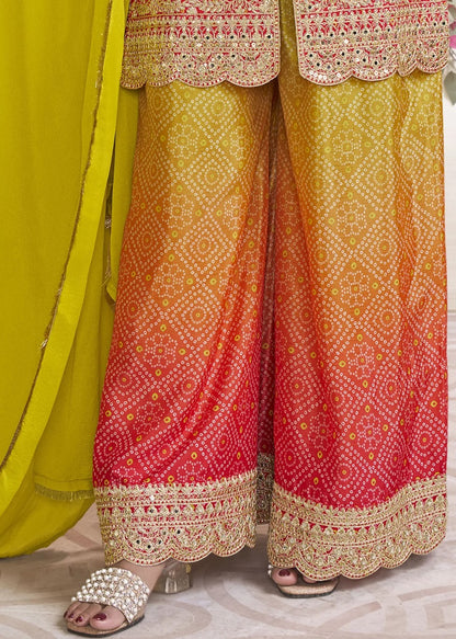 Women's Chinon Silk Embroidery Yellow -Red Color Kurta Shara With Dupatta