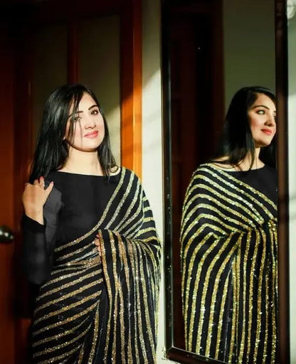 Women's Embroidery Georgette Black Color Saree With Unstitch Blouse