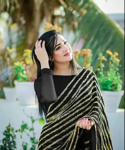 Women's Embroidery Georgette Black Color Saree With Unstitch Blouse