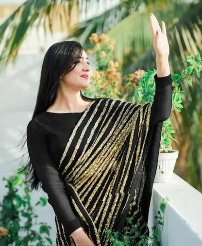 Women's Embroidery Georgette Black Color Saree With Unstitch Blouse