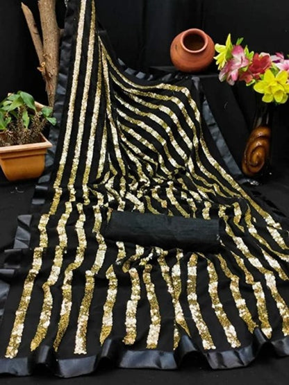 Women's Embroidery Georgette Black Color Saree With Unstitch Blouse