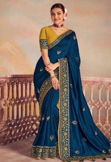 Women's Embroidery Vichitra Silk Blue Color Saree With Unstitch Blouse