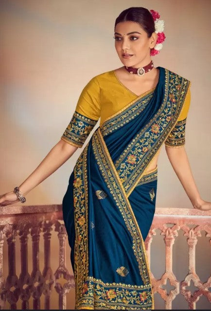 Women's Embroidery Vichitra Silk Blue Color Saree With Unstitch Blouse