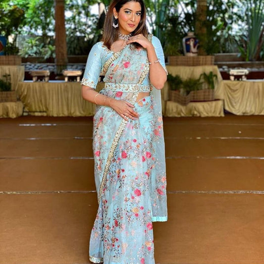 Women's Embroidery Organza Blue Color Saree With Unstitch Blouse