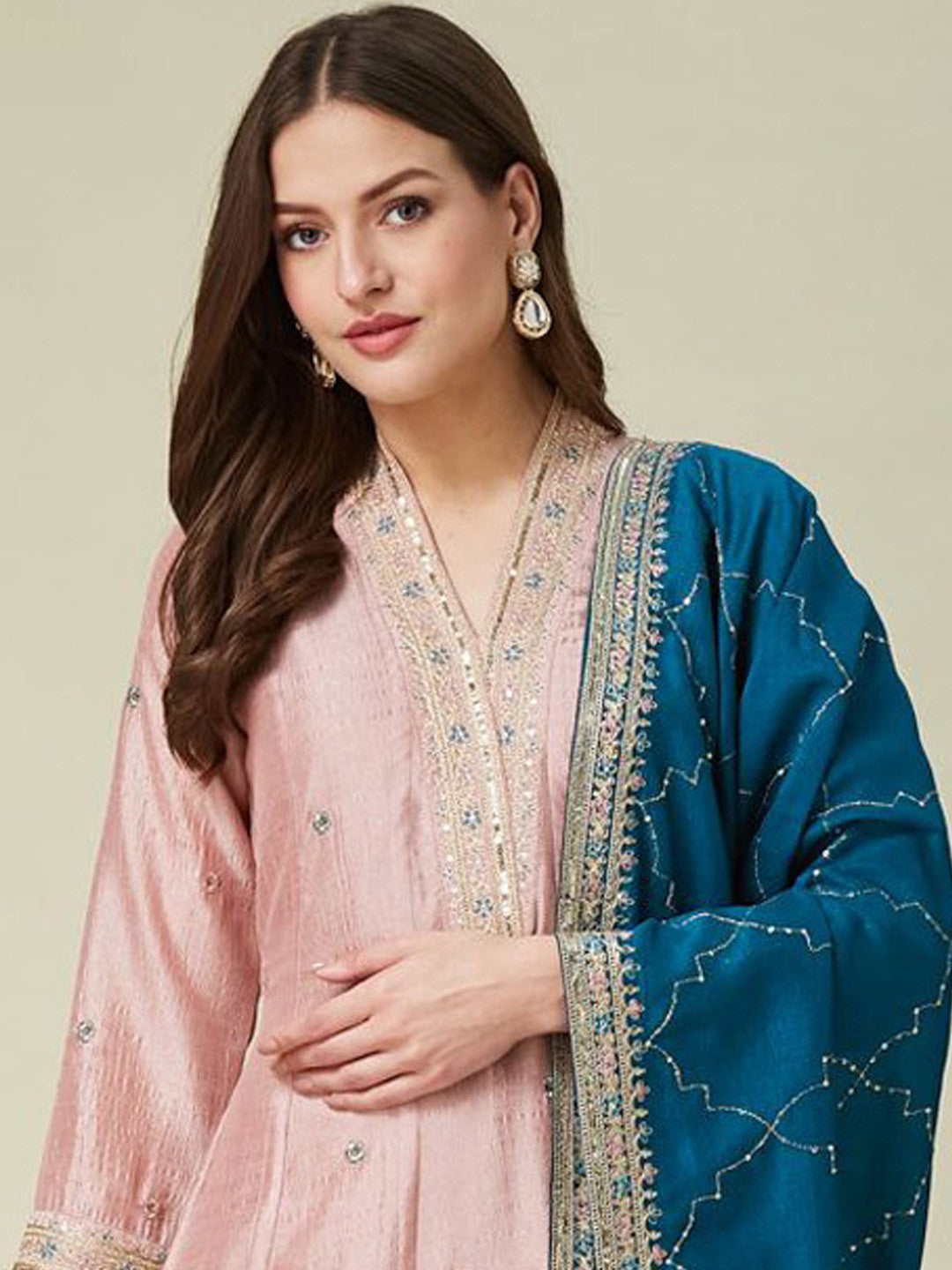 Women's Designer Vichitra Silk Pink Color Embroidery Anarkali Kurta Pant with Dupatta Set