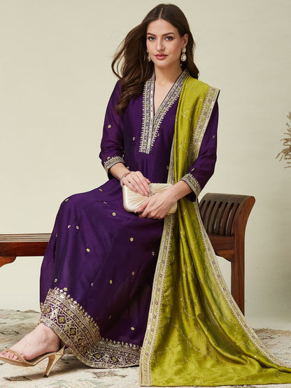 Women's Designer Vichitra Silk Purple Color Embroidery Anarkali Kurta Pant with Dupatta Set
