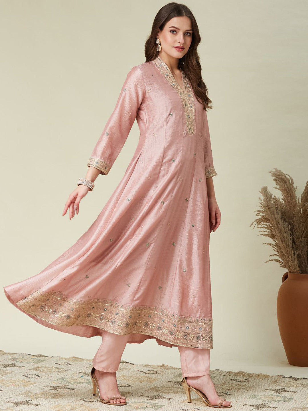 Women's Designer Vichitra Silk Pink Color Embroidery Anarkali Kurta Pant with Dupatta Set