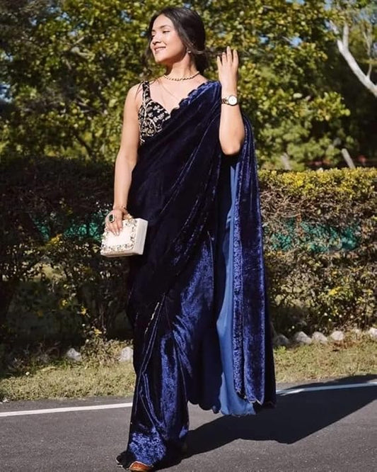Women's Embroidery Velvet NavyBlue Co lor Saree With Unstitch Blouse