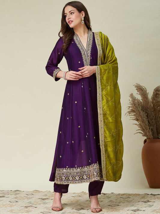 Women's Designer Vichitra Silk Purple Color Embroidery Anarkali Kurta Pant with Dupatta Set