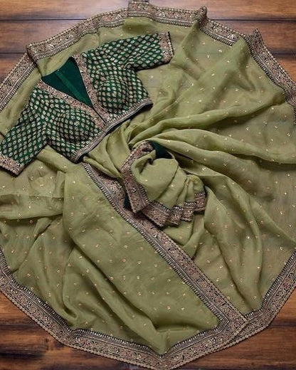 Women's Embroidery Vichitra Silk Green Color Saree With Unstitch Dhupian Silk Blouse