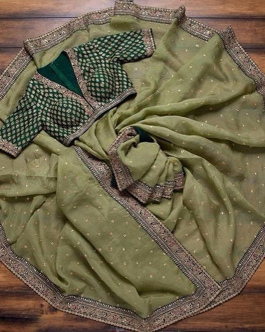 Women's Embroidery Vichitra Silk Green Color Saree With Unstitch Blouse