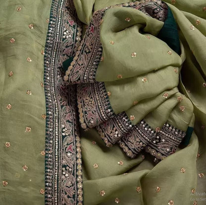 Women's Embroidery Vichitra Silk Green Color Saree With Unstitch Dhupian Silk Blouse