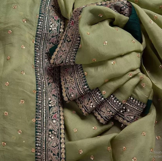 Women's Embroidery Vichitra Silk Green Color Saree With Unstitch Blouse