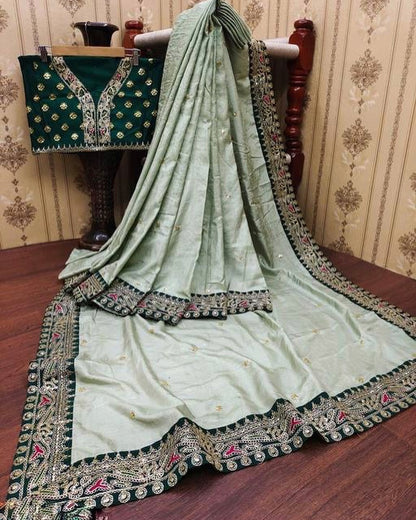 Women's Embroidery Vichitra Silk Green Color Saree With Unstitch Dhupian Silk Blouse