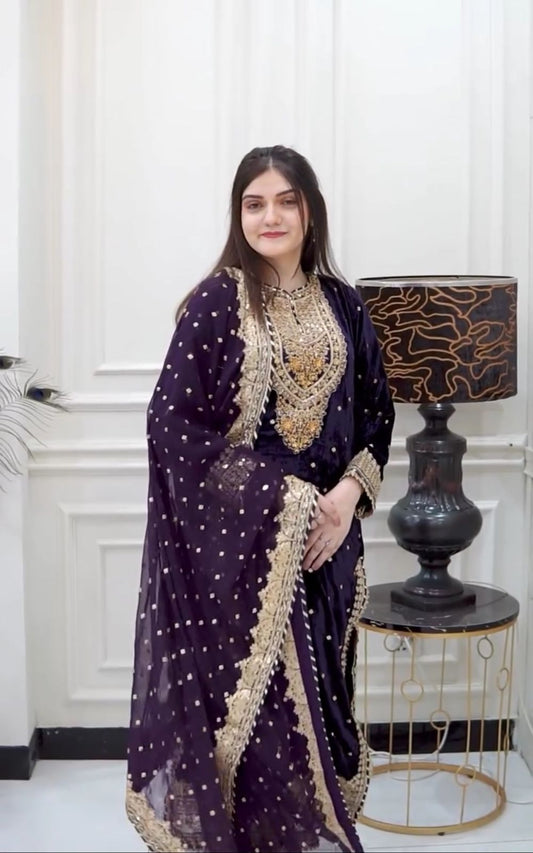 Women's Velvet Embroidery Purple Color Kurta Pant With Dupatta