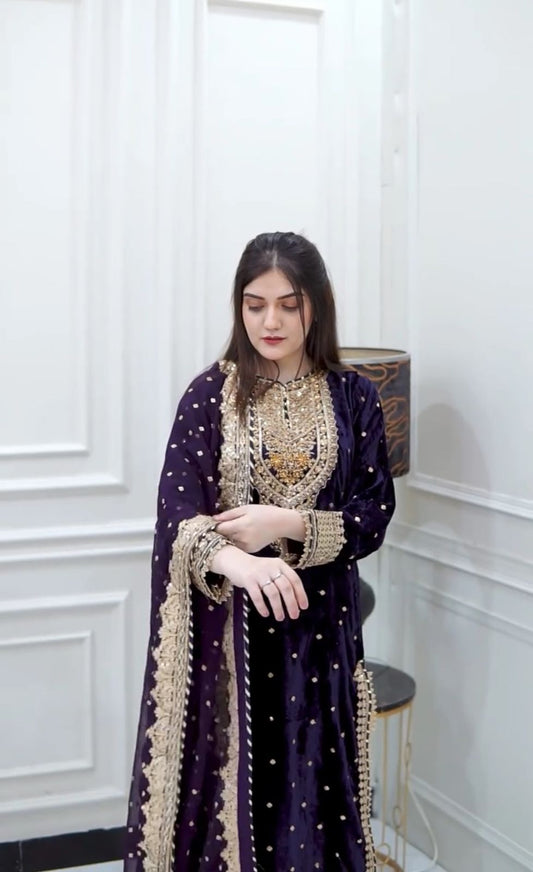 Women's Velvet Embroidery Purple Color Kurta Pant With Dupatta