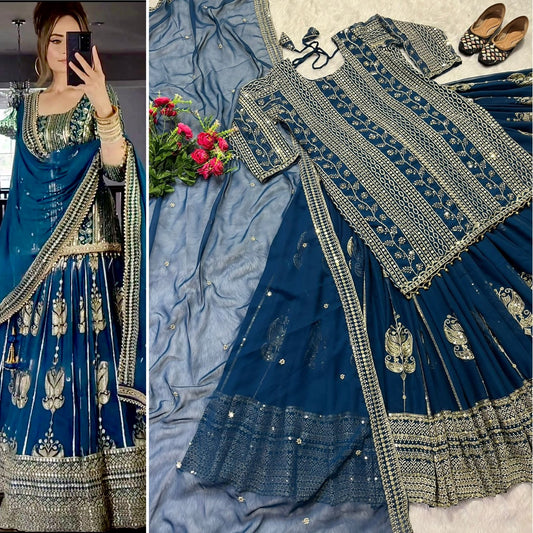 Women's Georgette Embroidery Blue Color Kurta Lahenga With Dupatta