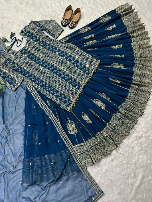 Women's Georgette Embroidery Blue Color Kurta Lahenga With Dupatta