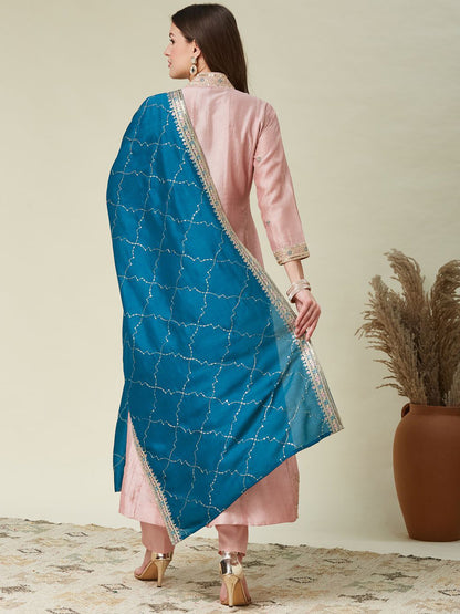 Women's Designer Vichitra Silk Pink Color Embroidery Anarkali Kurta Pant with Dupatta Set